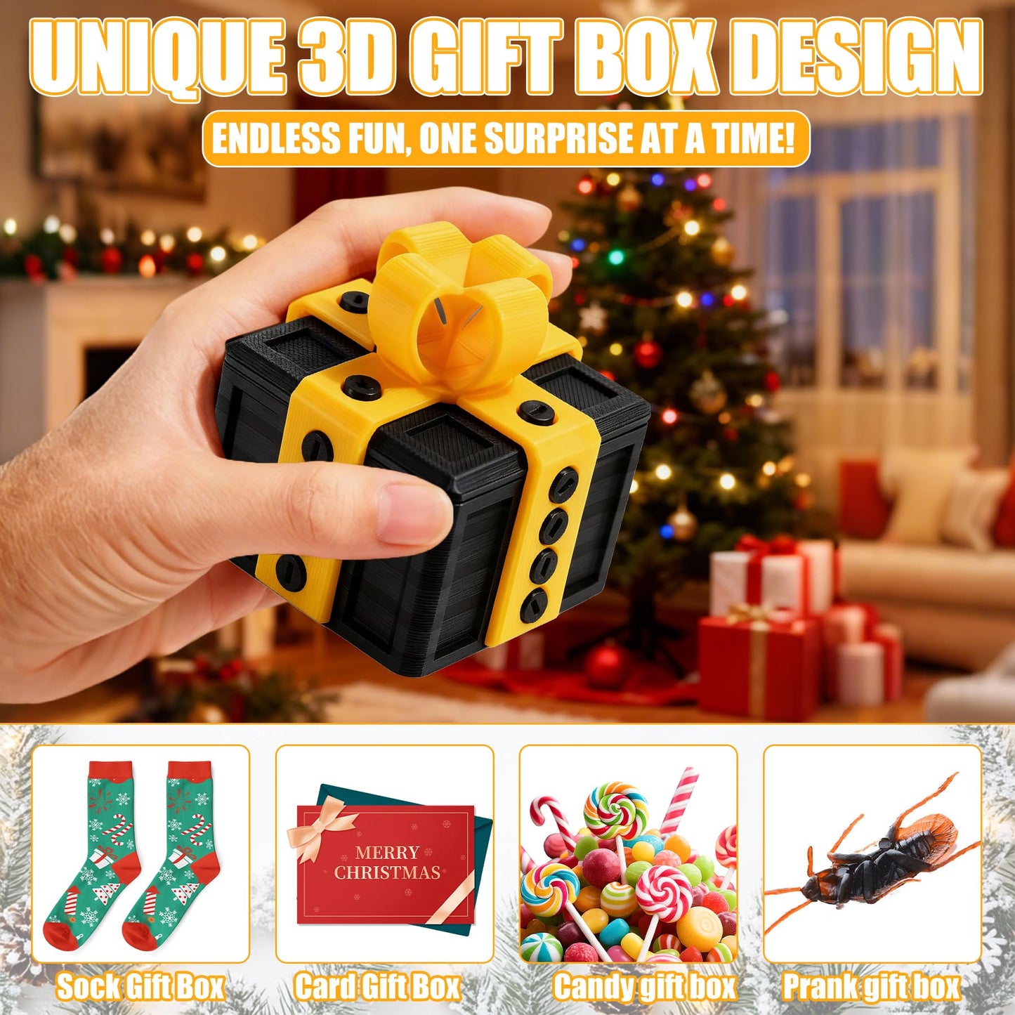 Prank Gift Box - 3.14in, 3D Printed Box with Screws, Surprise Funny Money Puzzle Box, Novelty Gift Boxes for Presents for Birthday, Valentines Day Gifts Party Favors Festival (Black Gold)
