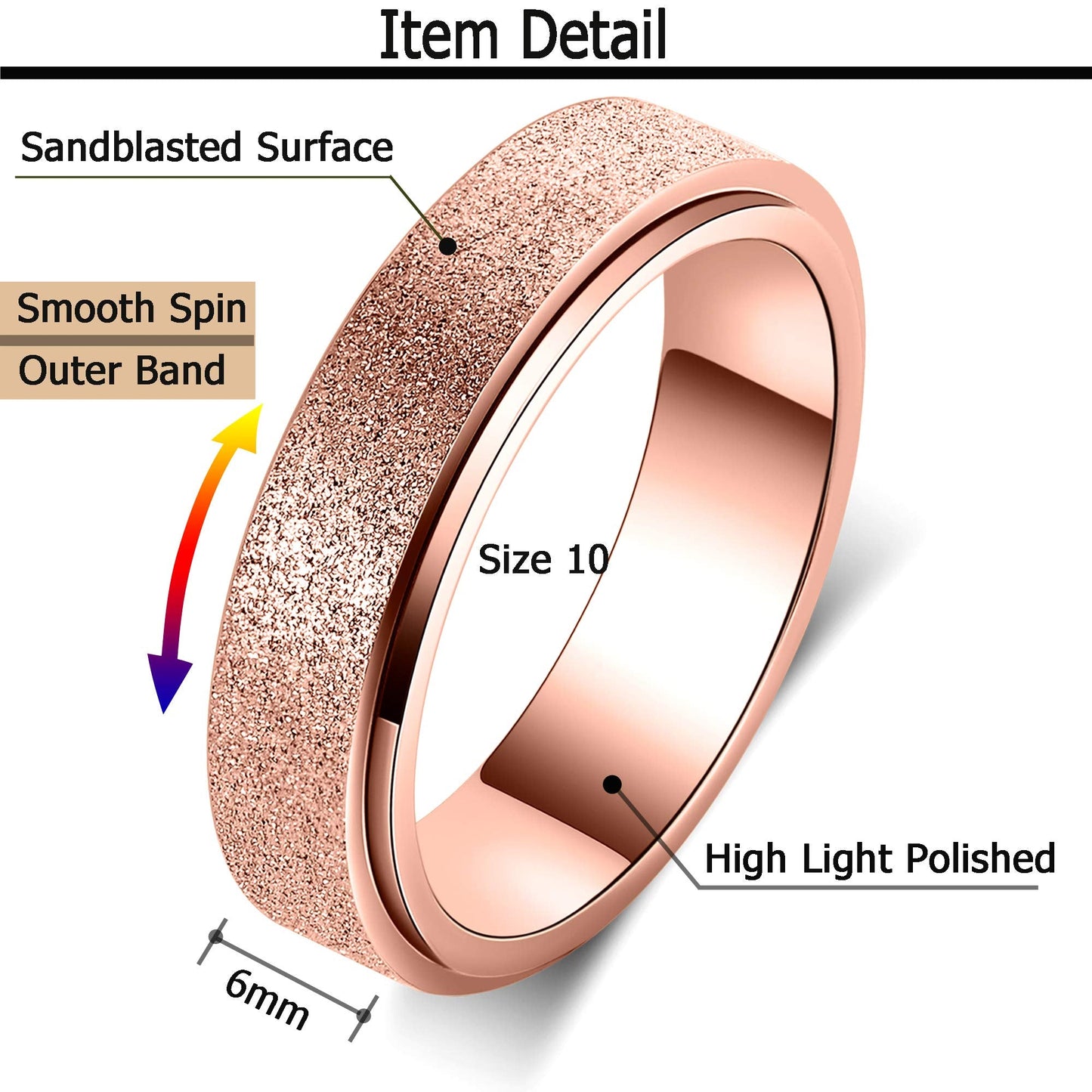 OreilleStar Anxiety Ring for Women Fidget Spinner Ring Fidget Toys Adults Titanium Stainless Steel Thumb Ring 6mm Wide Rose Gold Size 10