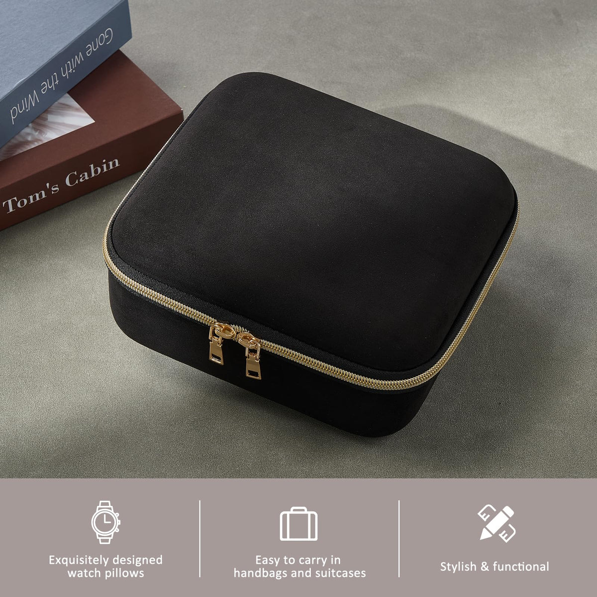 ProCase Mens Small Jewelry Storage Case, 3 Slots Travel Watch Accessories Carrying Box, Glasses Necklaces Rings Bracelets Zippered Organizer Bag for Male -Black