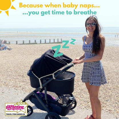 SnoozeShade Original 0-6m Pram and Buggy Sun Shade Blackout Cover Blocks 99% UV UPF 50 Baby Sleep Aid Better Than Breathable Mesh Canopy for Carrycot and Pushchair