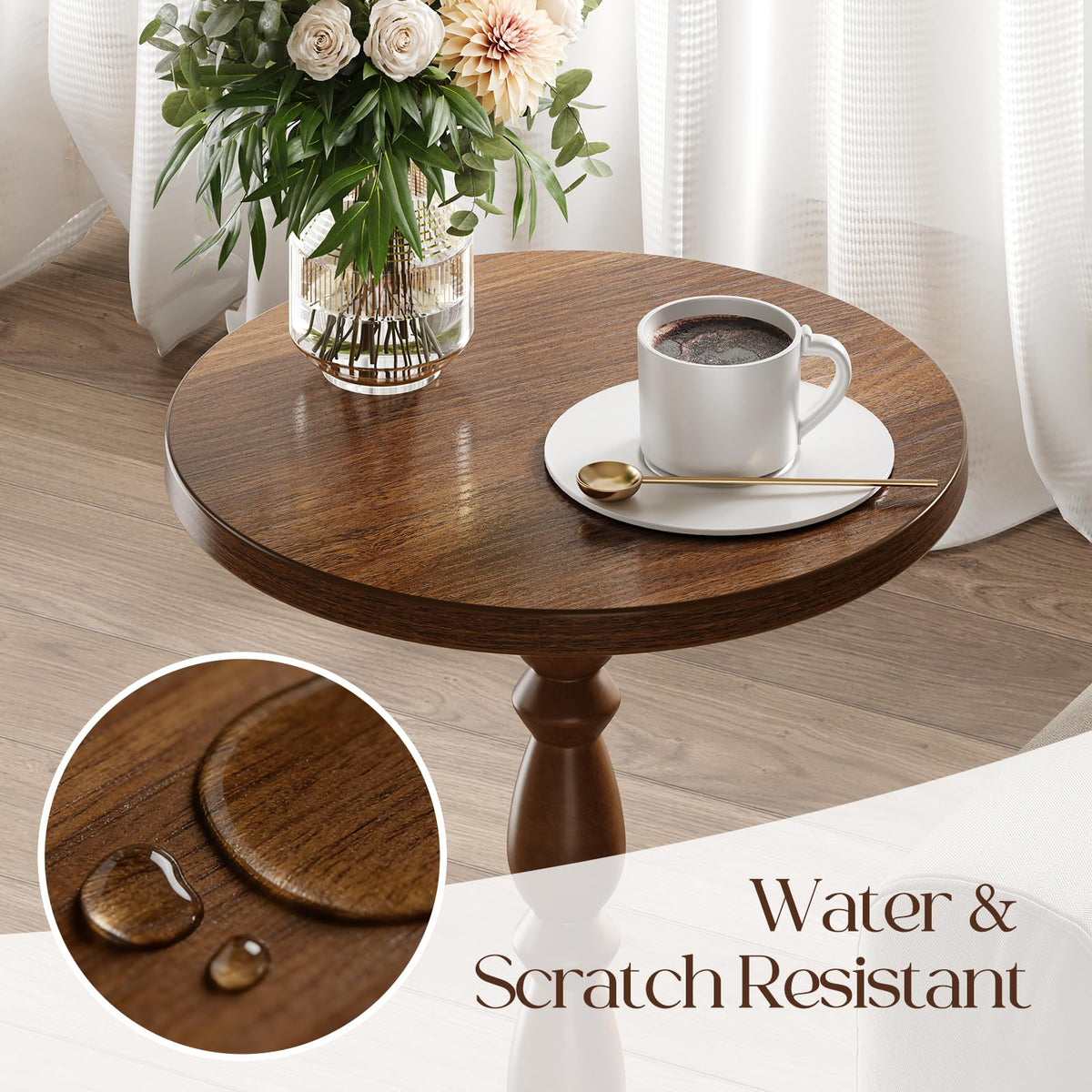Curlaky Round Side Table - Small End Table Drink Table for Small Spaces, Vintage Accent Nightstand with Solid Wood Leg for Living Room, Bedroom, Mid-Century Modern Bedside Tables, Walnut