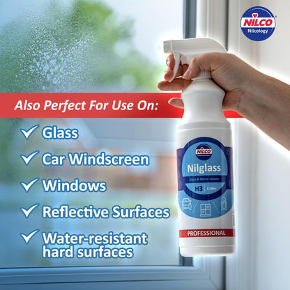 Nilco Set of 2 Nilglass Professional H3 Glass Mirror Cleaner 1 Litre - Trigger Spray Bottle For Cars Homes Window Cleaning No Smears Quick Easy to Use Also Very Good on Chrome - TWO PACK