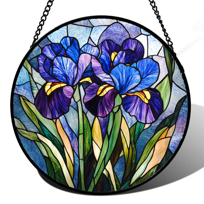 CRISGIF Stained Glass Window Hanging - Blue Purple Iris Flower Suncatcher for Door Garden Patio Sun Catchers Decor Christmas Mother's Day Birthday Gifts for Women Men Mom Nana Aunt Friend 6.3 in