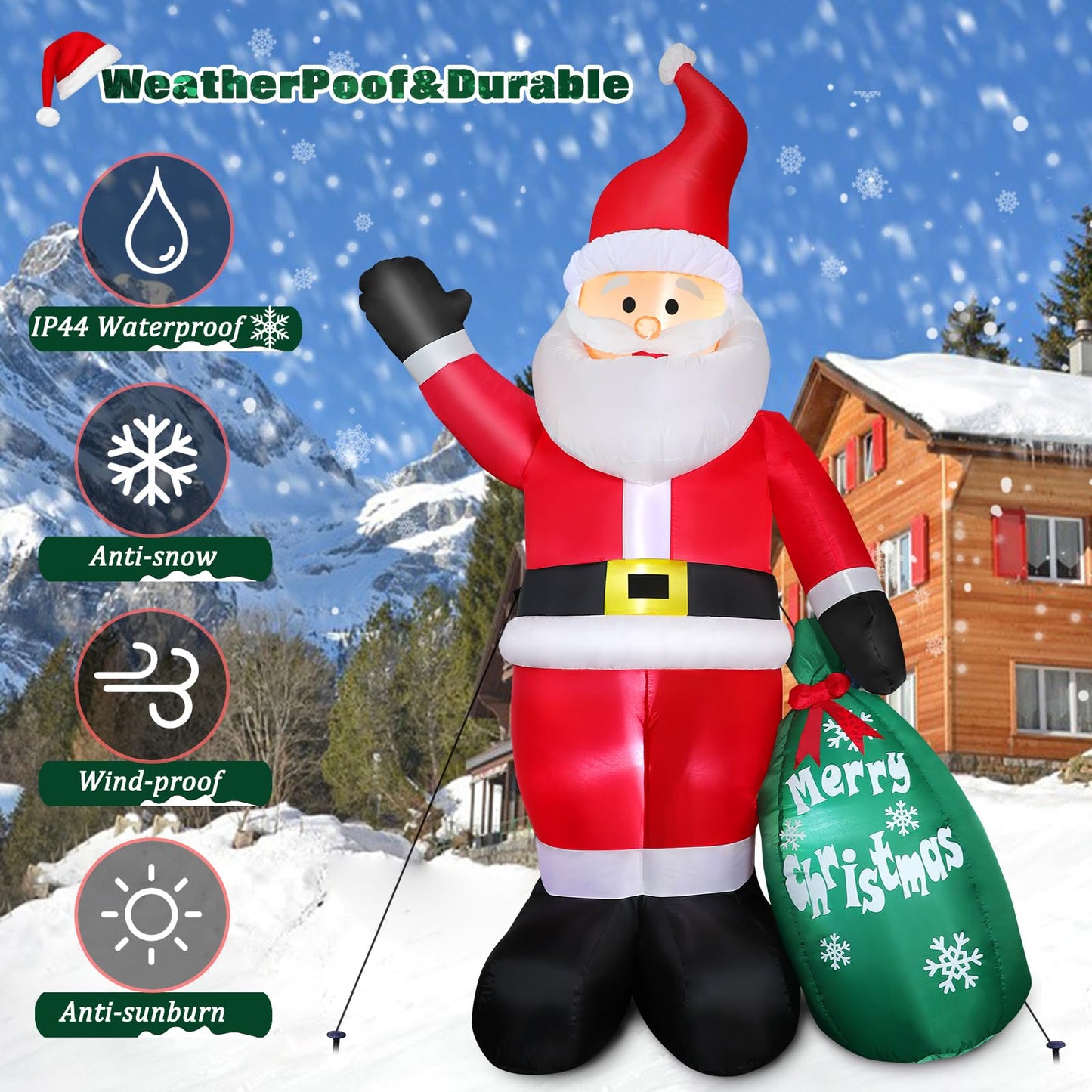 7FT Christmas Inflatable Santa Claus with Gift Bag, Blow up Giant Santa Claus Indoor Decoration, Built-in LED Lights for Lawn Patio Garden Home Display Hall Xmas Holiday Vacation Party Outdoor Decor