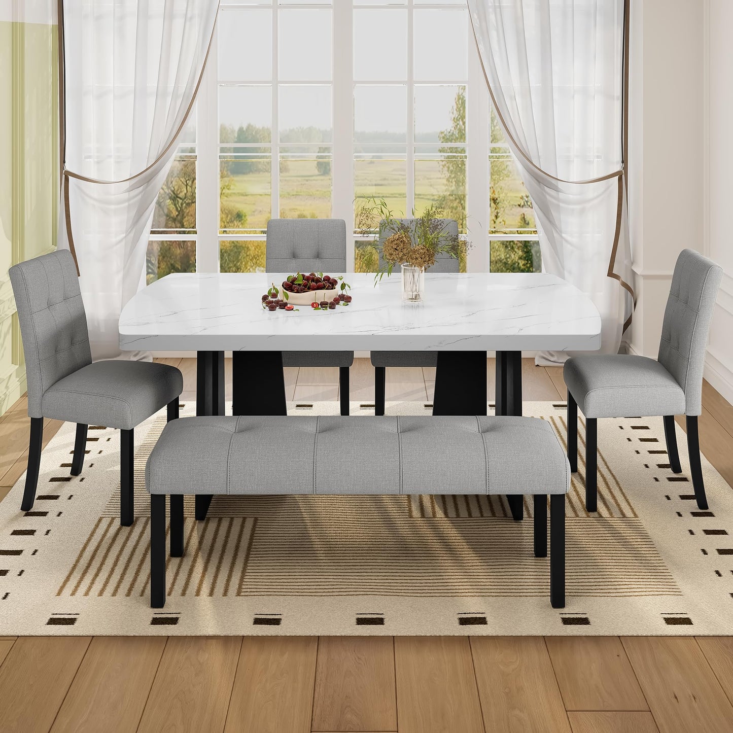 Merax 6-Piece Dining Table Set for 6, Modern Faux Marble Oval Kitchen Tabletop with Four Upholstered Chairs and One Bench for Dining, Living Room, Kitchen, Easy Assembly, White+ Gray