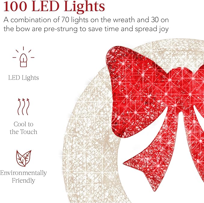 Best Choice Products 30in Pre-Lit Outdoor Christmas Wreath Decoration, LED Metal Holiday Decor for Home w/ 100 Lights, Bow - White/Red