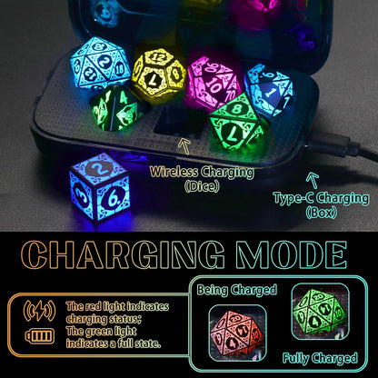 LED Dice with Charging Box，7 PCS RGB Light up Dice for Dungeons and Dragons, Polyhedral DND Dice Set for Tabletop Games Gifts（KS-RGB）