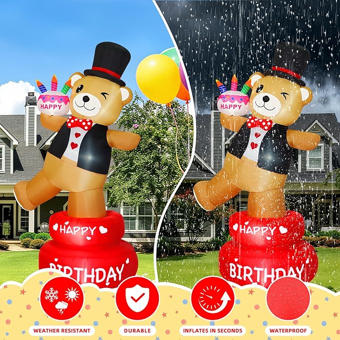 6FT Birthday Inflatable Decorations Happy Birthday Cake Outdoor Decor with Candles Lighted Blow Up Party, Brown Bear Holding Cake, Bright LED Lights for Home Celebration Garden Yard Lawn Decor