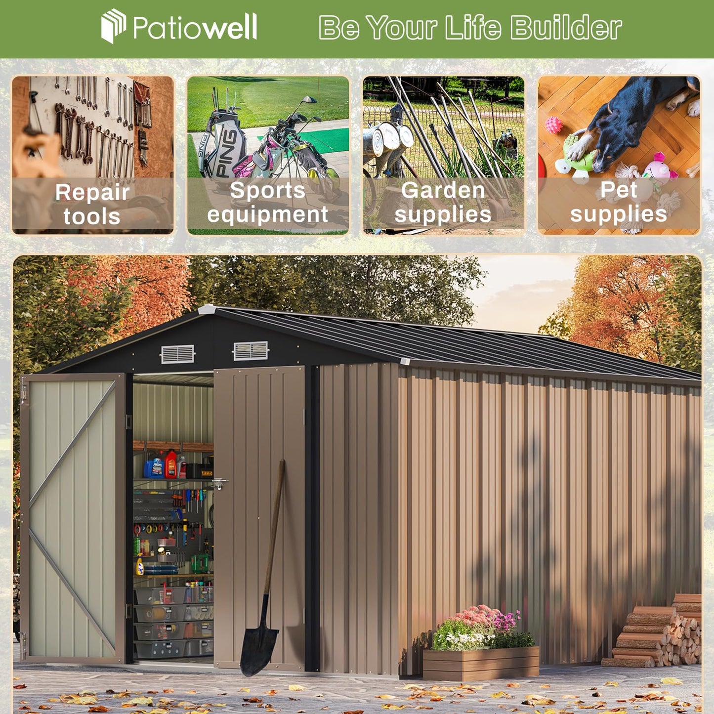 Patiowell 8x10 FT Outdoor Storage Shed, Large Garden Tool Metal Shed with Sloping Roof and Double Lockable Door, Outdoor Shed for Backyard Garden Patio Lawn, Brown