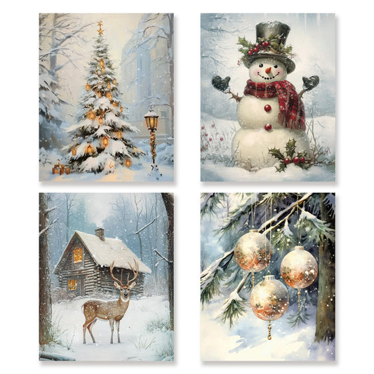 KSDUT Vintage Christmas Wall Art Decor Set of 4 - Retro Winter Snowy Artwork Poster Christmas Tree Deer Snowman Holiday Landscape Wall Decor for Home Farmhouse Bedroom Decorations - 8"x10" Unframed