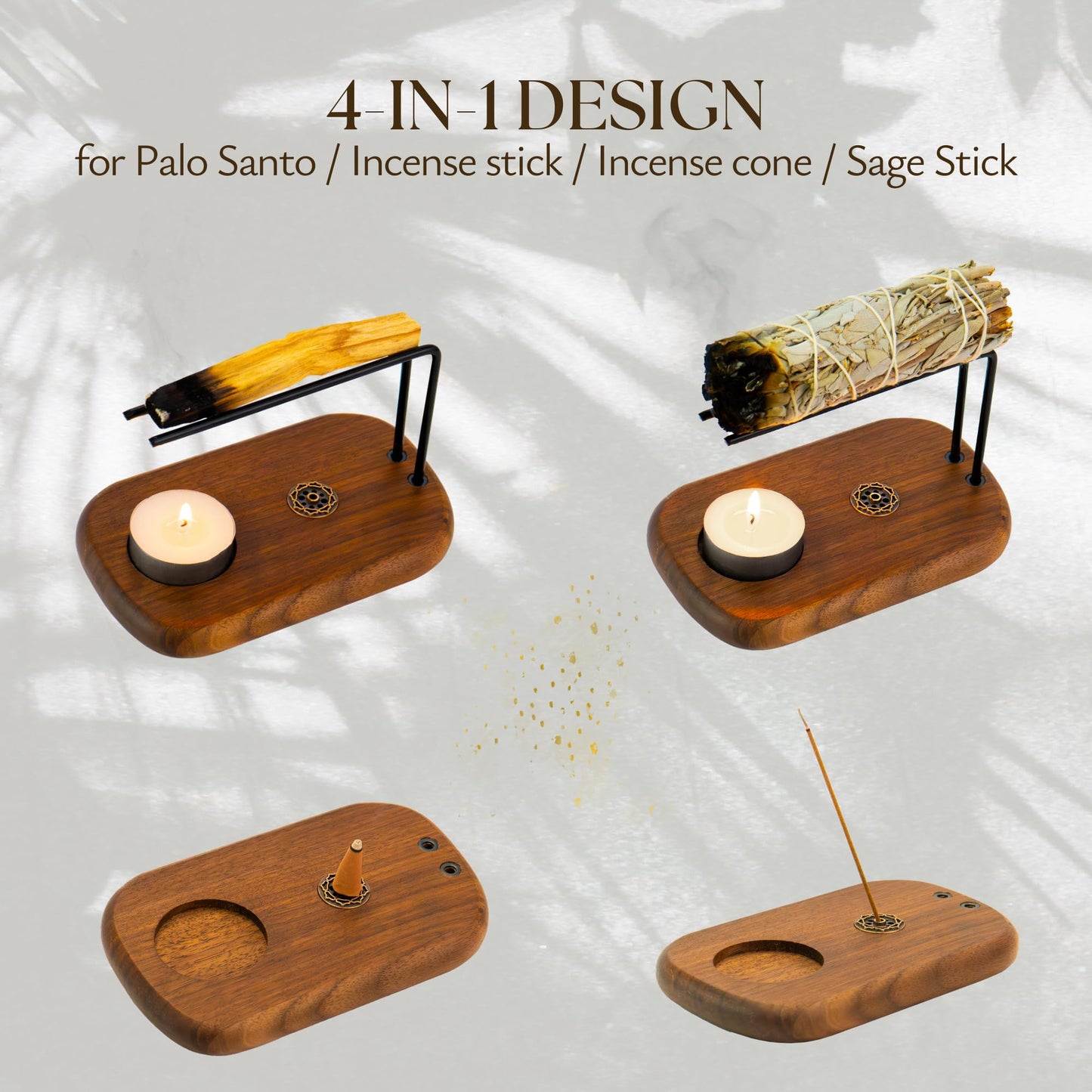 PLEARTY 4 in 1 Walnut Wood Palo Santo Holder Hand-Crafted Incense Sticks Holder for Burning Sage with Booklet The Most Complete Palo Santo Holder for Your Meditation Room Home Decor Gift