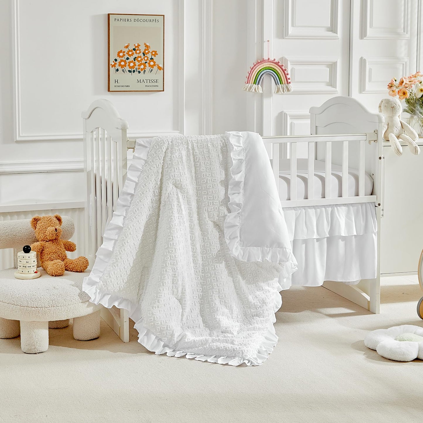 3 Pieces Tufted Crib Bedding Set with Ruffle Fringe, White Ruffled Comforter with Fitted Sheet and Bed Skirt , Soft and Embroidery Shabby Chic Boho Bohemian Jacquard Design for Baby Girls Boys