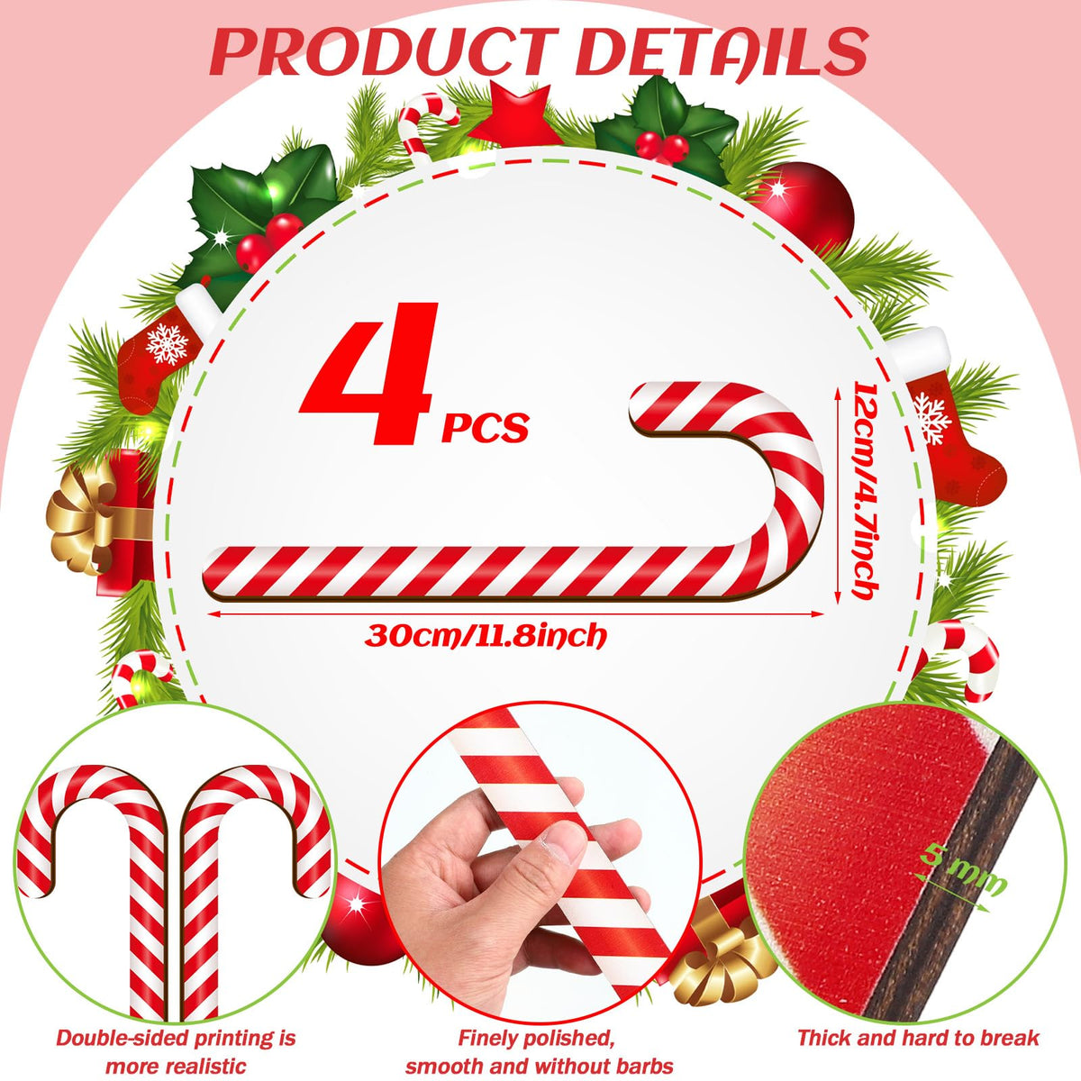 Large Size 4 Pcs 11.8 Inch Christmas Large Candy Canes for Tree Decorations Red and White Giant Candy Cane Props Bulk Xmas Hanging Ornaments Rustic Wood Flat for Party Supplies DIY Crafts Photoshoot