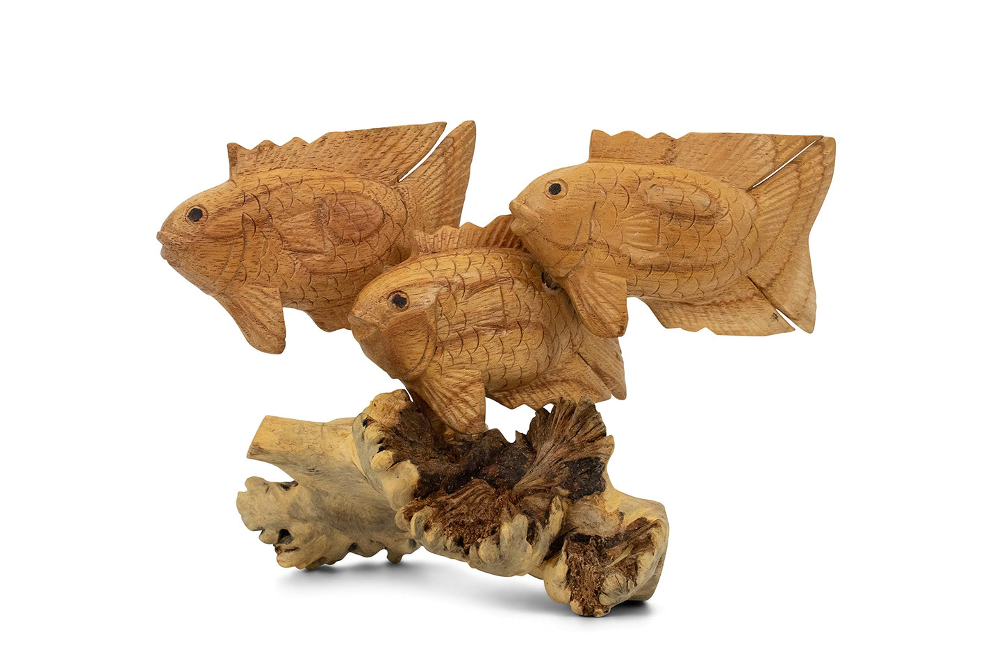 G6 Collection Wooden Hand Carved 3 Fish Swimming Statue Figurine Sculpture Art Decorative Rustic Home Decor Accent Handmade Gift Handcrafted Seaside Tropical Nautical Ocean Coastal Decoration 3 Fish