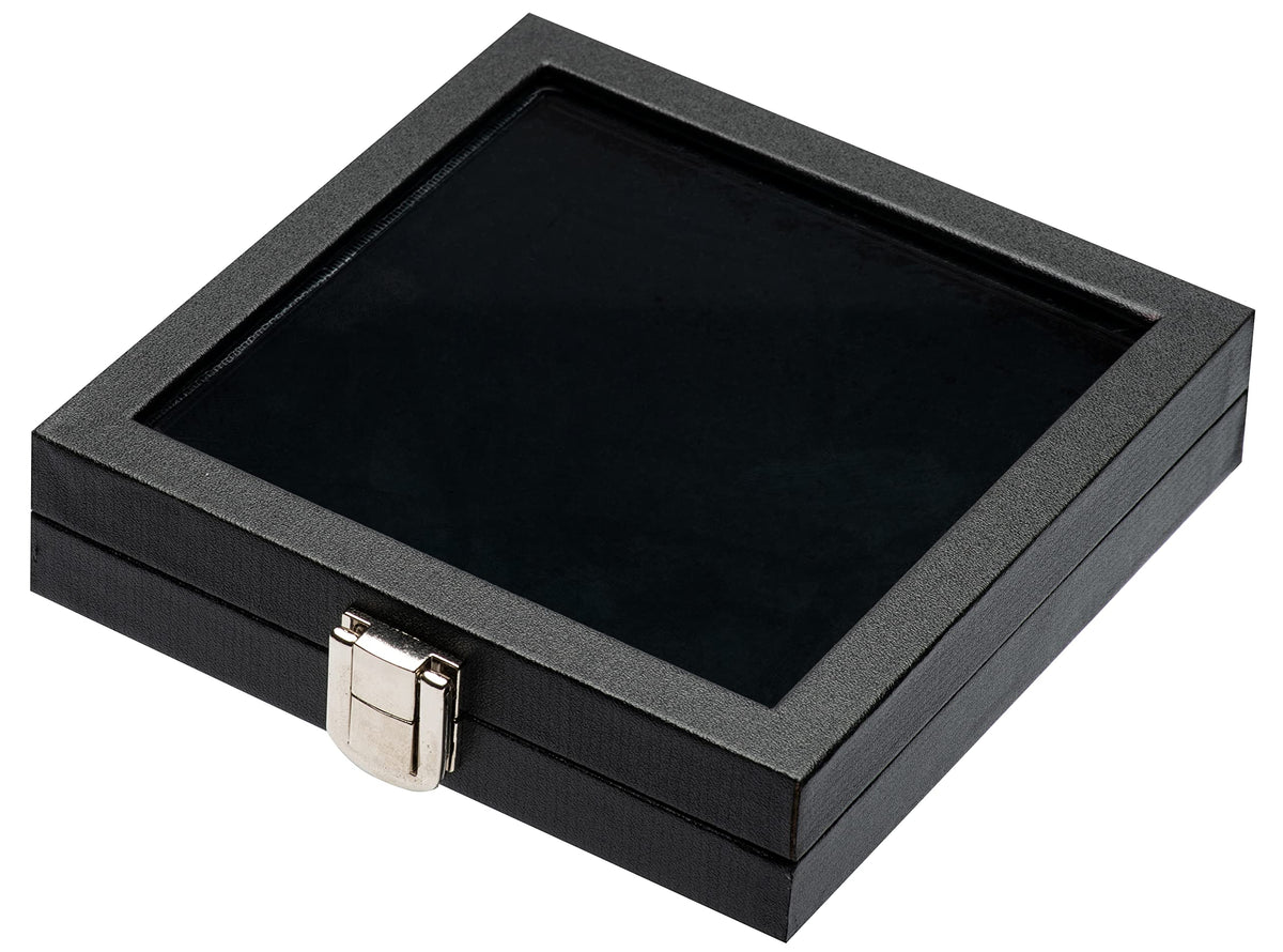 Giftop Jewelry Display Case Tempered Glass Top Lid Black Leatherette,Gemstone Display Case Jewelry Storage Box with Metal Clasp (Medium)