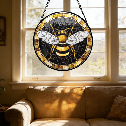 AMDERVEN Stained Glass Window Hanging - Black Gold Bee White Wings Sun Catcher for Door Home Decor Insect Suncatcher Christmas Mother's Day Birthday Gifts for Women Men Lovers Mom Nana 15 in
