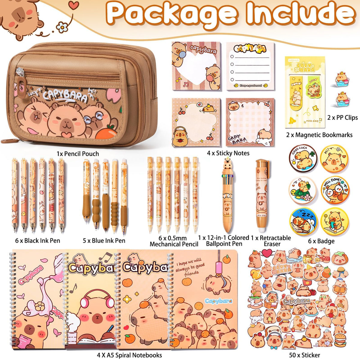 Kid School Supplies for Girl Age 5 6 7 8-12 13 14 Year Old, 36PCS Kawaii Tween Teen Girl Birthday Easter Gift Cute Capybara Stationery Set w/Pencil Case Gel Pen Pencil Sticker Notebook Sticky Note