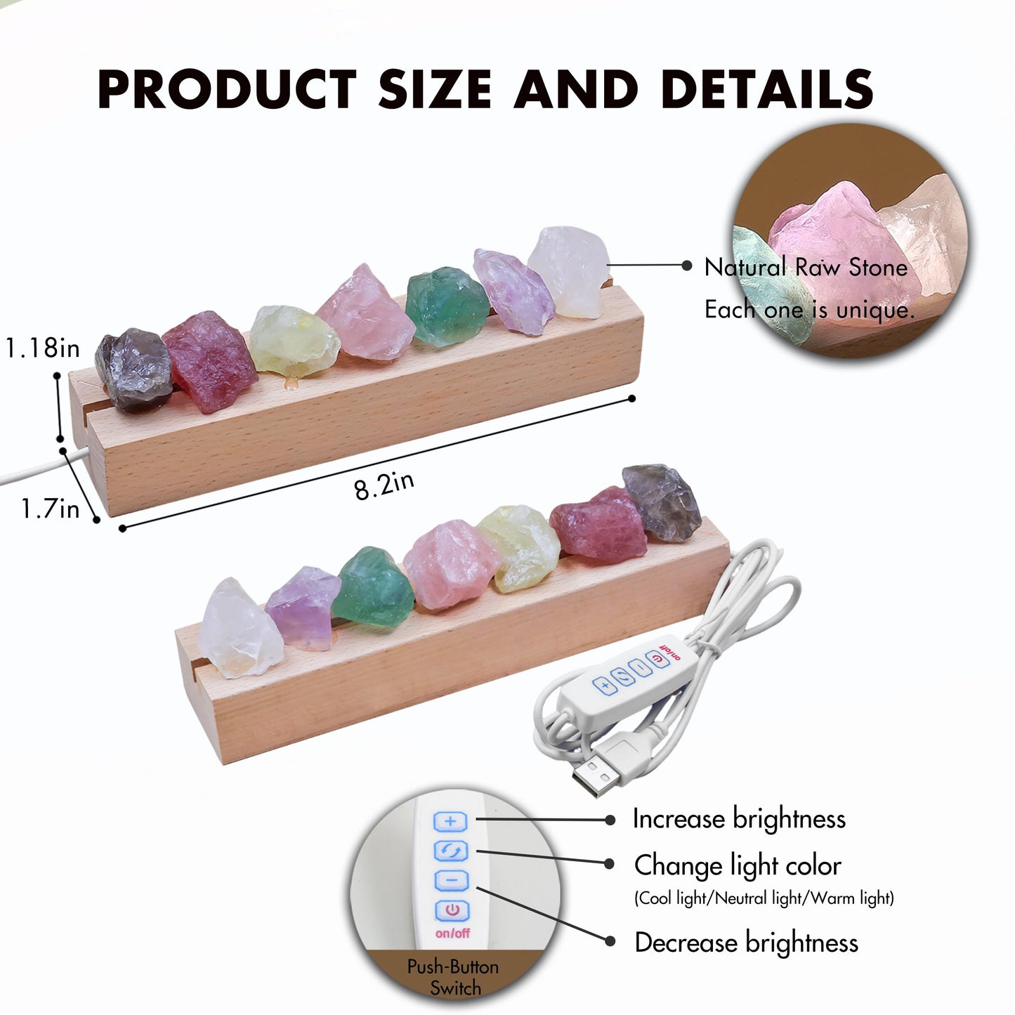 HYAMVOR Healing Crystal Night Light,7 Chakra Stones Bedside Lamp,Mood Light with Wooden LED Light Base,Healing Stones Positive Energy Night Light for Home Decor Gifts (Plug-in)