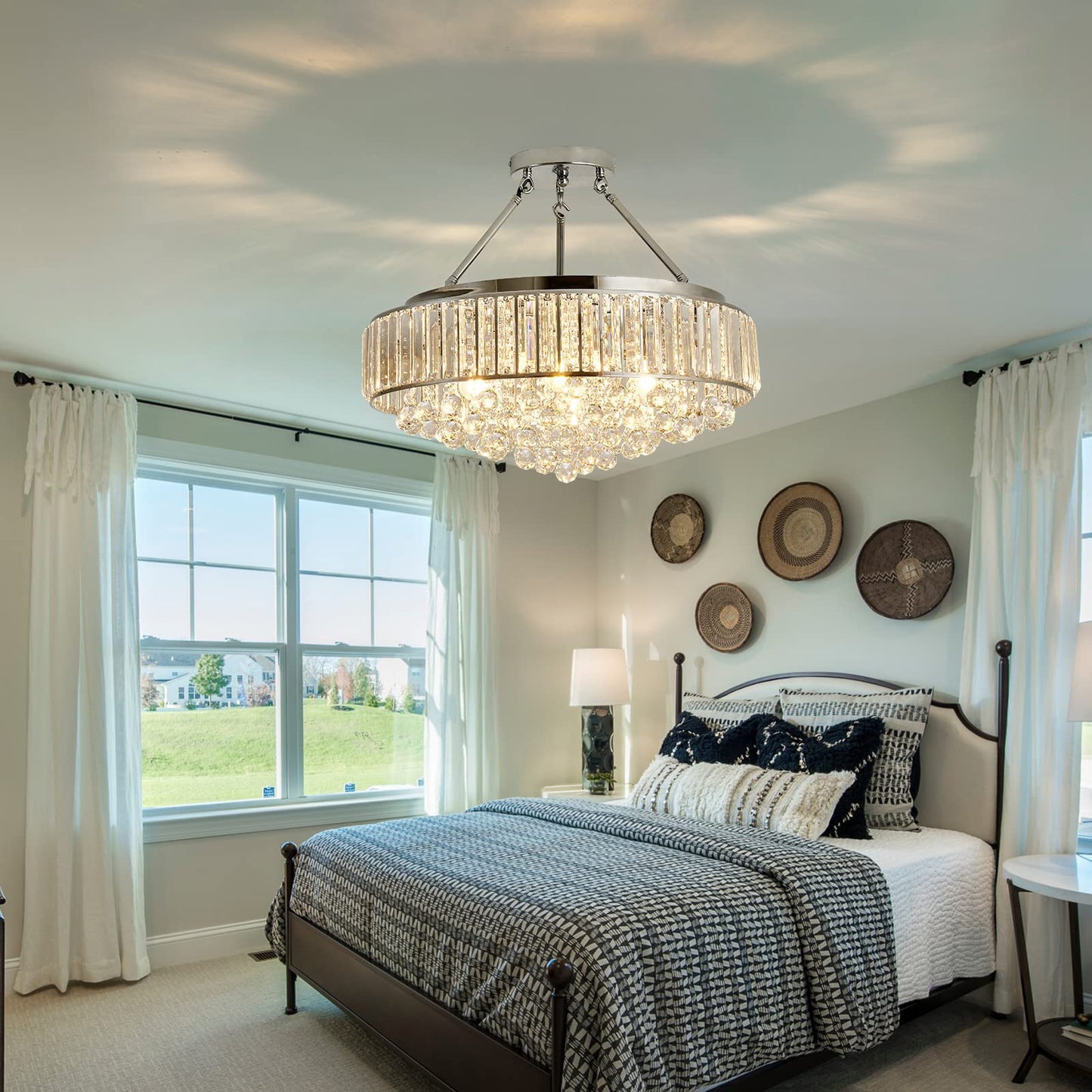 YYJLX 6 Light Modern Large Round Crystal Chandelier Chrome Semi Flush Mount Ceiling Light Fixtures E26 Ceiling Lamp for Dining Room Living Room Laundry Room Foyer Kitchen Balcony Bedroom(Silver).