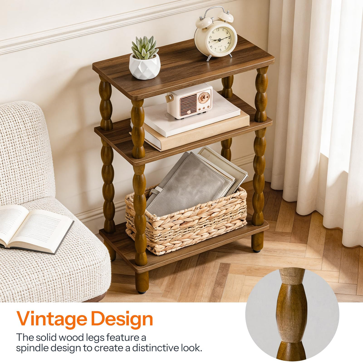 HOOBRO Narrow Side Table, Skinny End Table with Storage, Solid Wood Legs, 3-Tier Bedside Table Nightstand for Small Space, Living Room, Bedroom, Sofa Couch, Walnut WL462BZ01