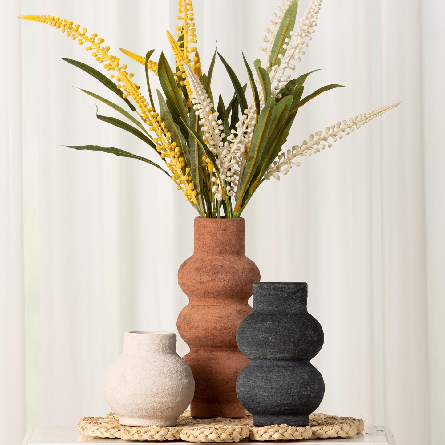 Ceramic Vase Home Table Decor - Flower Vase Set of 3 Living Room Kitchen Decorations Farmhouse Modern Rustic Vases Decorative Centerpiece for Shelf Bedroom Office Bathroom Dining Coffee Desk