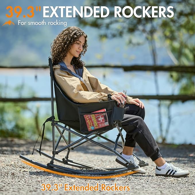 Portal Camping Rocking Chair Outdoors Folding Portable Rocker with Cup Holder Side Pocket Carry Bag, Support 350LBS, Black