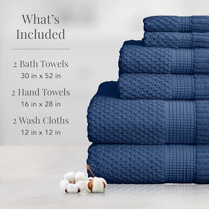 NY Loft 100% Cotton Towel Set 6 Piece Towel Set | Navy Bath Towels | Absorbent