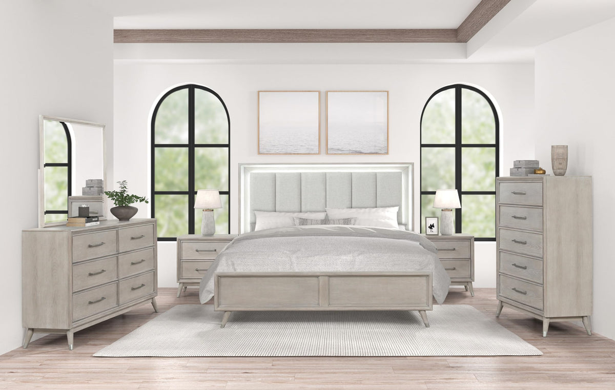 Roundhill Furniture Seluna 6-Piece Bedroom Set with Touch LED Lighting, Gray Oak Finish, King