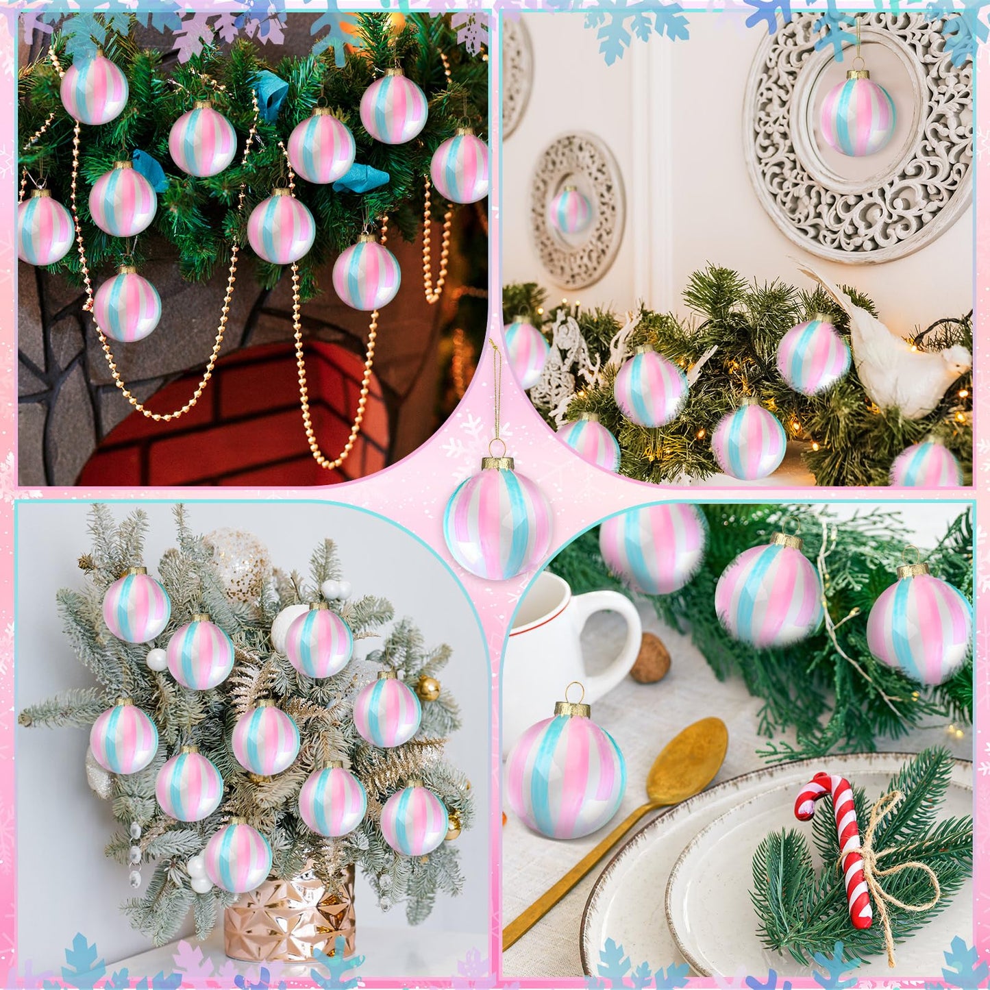 Jenaai 10 Pcs Easter Pastel Ball Ornaments 2.36 Inch Iridescent Glass Hanging Ball Decor Easter Pink Blue Striped Pendant for Christmas Tree Fireplace Window Weddings Birthday Holiday Party