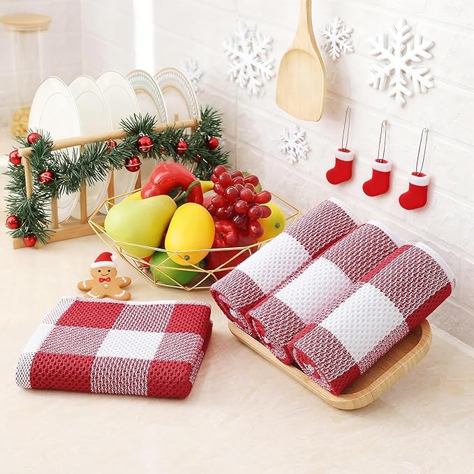 Homaxy 100% Cotton Waffle Weave Check Plaid Kitchen Towels, 13 x 28 Inches