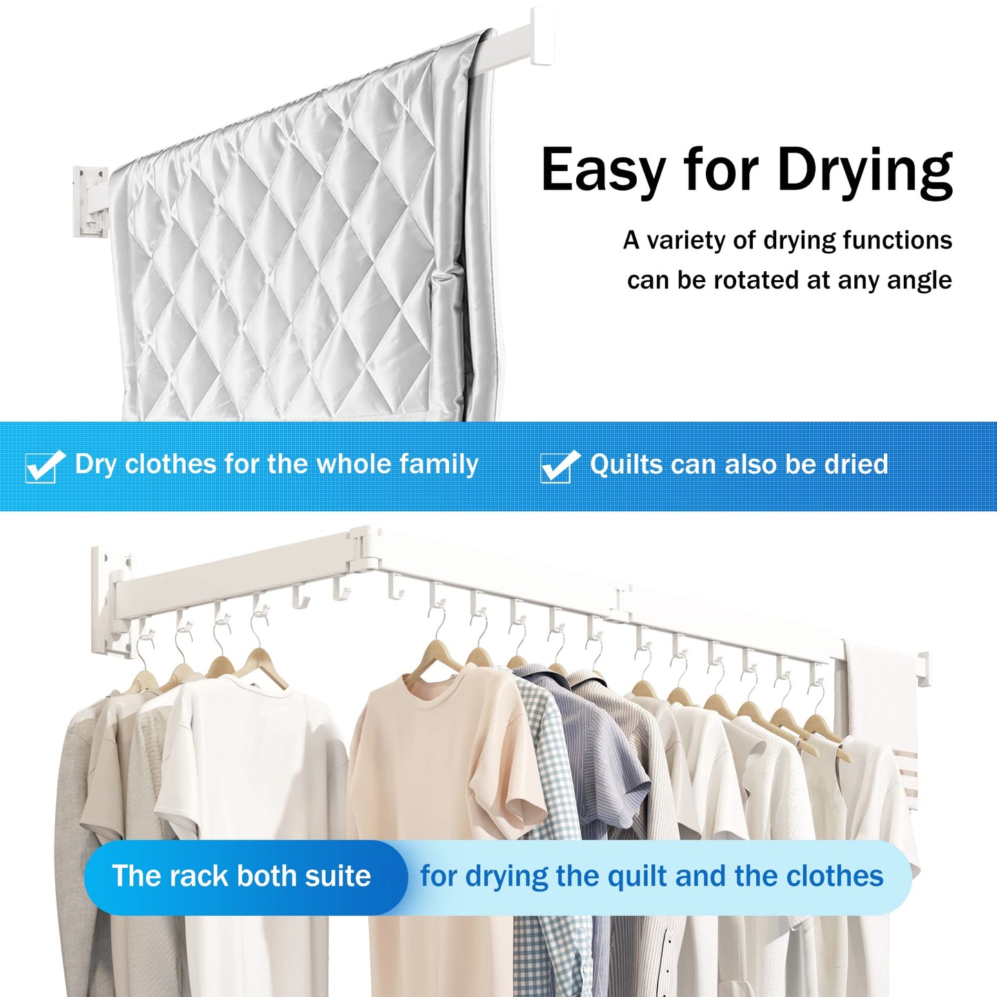 BOQORAD Clothes Drying Rack Wall Mounted,Drying Rack Clothing,Laundry Drying Rack Wall Mount,Collapsible Drying Racks for Laundry,Retractable,Foldable,Clothes Dryer Rack(White-J Type Hooks)