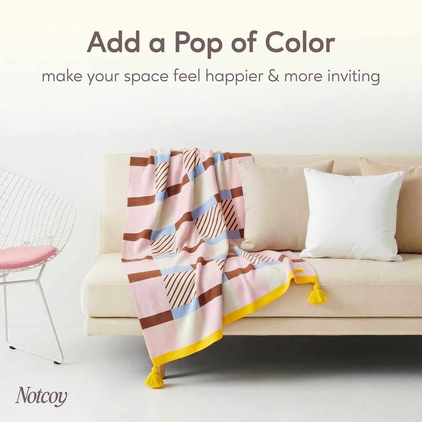 notcoy Knit Throw Blanket with Corner Tassels, Super-Soft Lightweight Acrylic Blanket for Couch Sofa and Bed, Decorative All Seasons Throw, 51x67 Inch - Pink & Brown Checkered
