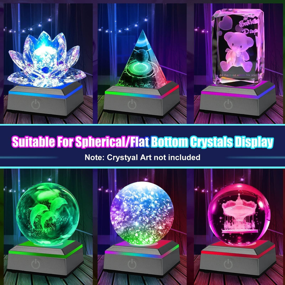 EEEKit 2PCS LED Light Display Base for 3D Crystal Glass Art, 6 Colors Square Flat Spherical Recess Show Crystal Ball Display Stand