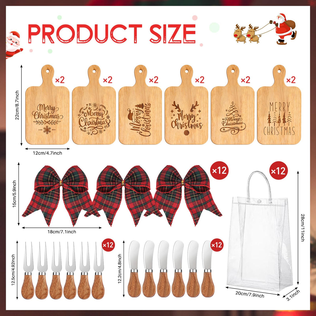 12 Set Merry Christmas Wood Cutting Board Bulk Christmas Kitchen Gift Set Xmas Tree Kitchen Charcuterie Board Serving Platter Tray for Winter Home Party Gift Decor