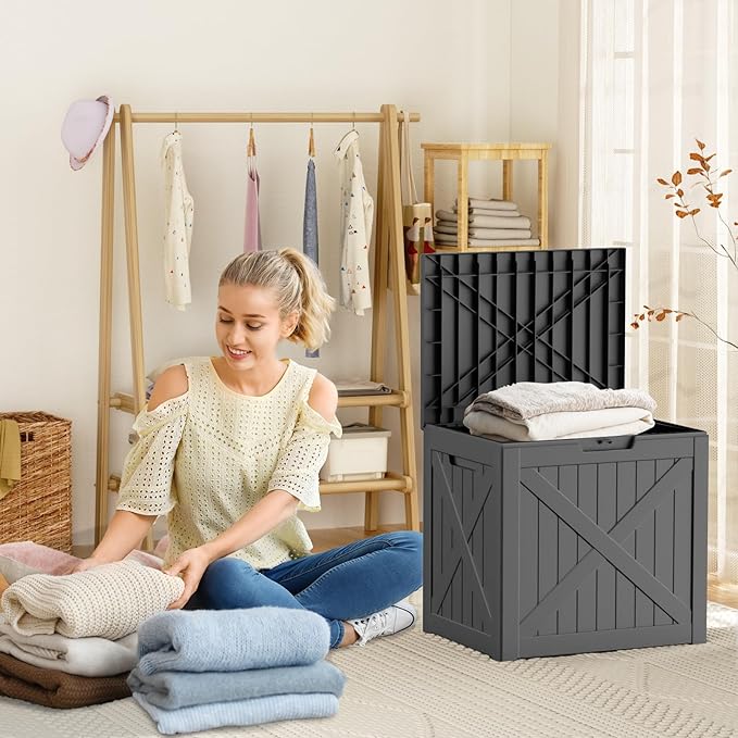ROJIK 32 Gallon Outdoor Storage Housing Deck Box,Waterproof Patio Furniture, Garden Tools, Cushions, Pool Accessories Storage Bench with Lockable Lid and Side Handles(Black)