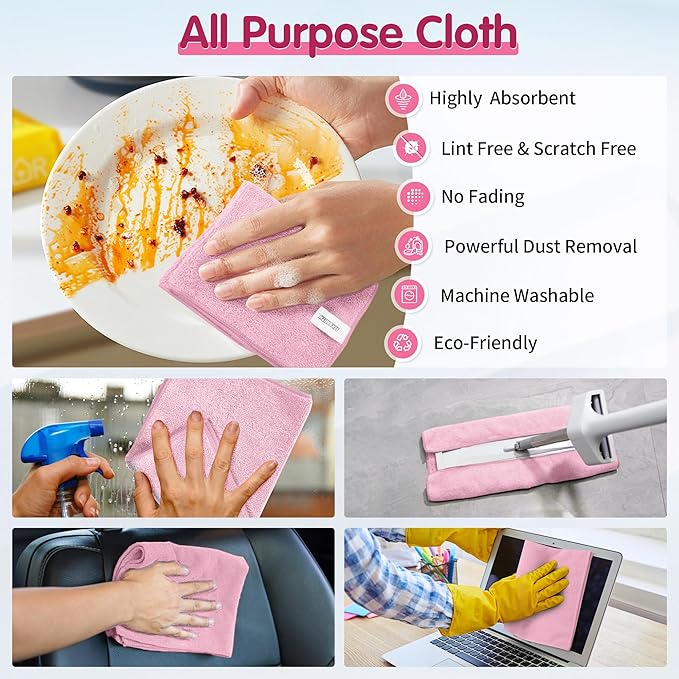 FIXSMITH Pink Microfiber Cleaning Cloth -Pack of 8, Highly Absorbent Cleaning