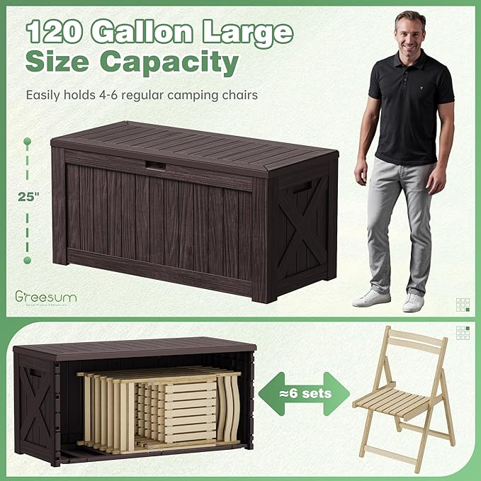 Greesum Outdoor Storage Box 120 Gallon Storage Bin with Lid for Patio Furniture, Garden Tools, Pool Supplies, Lockable, Waterproof and UV Resistant, Dark Brown