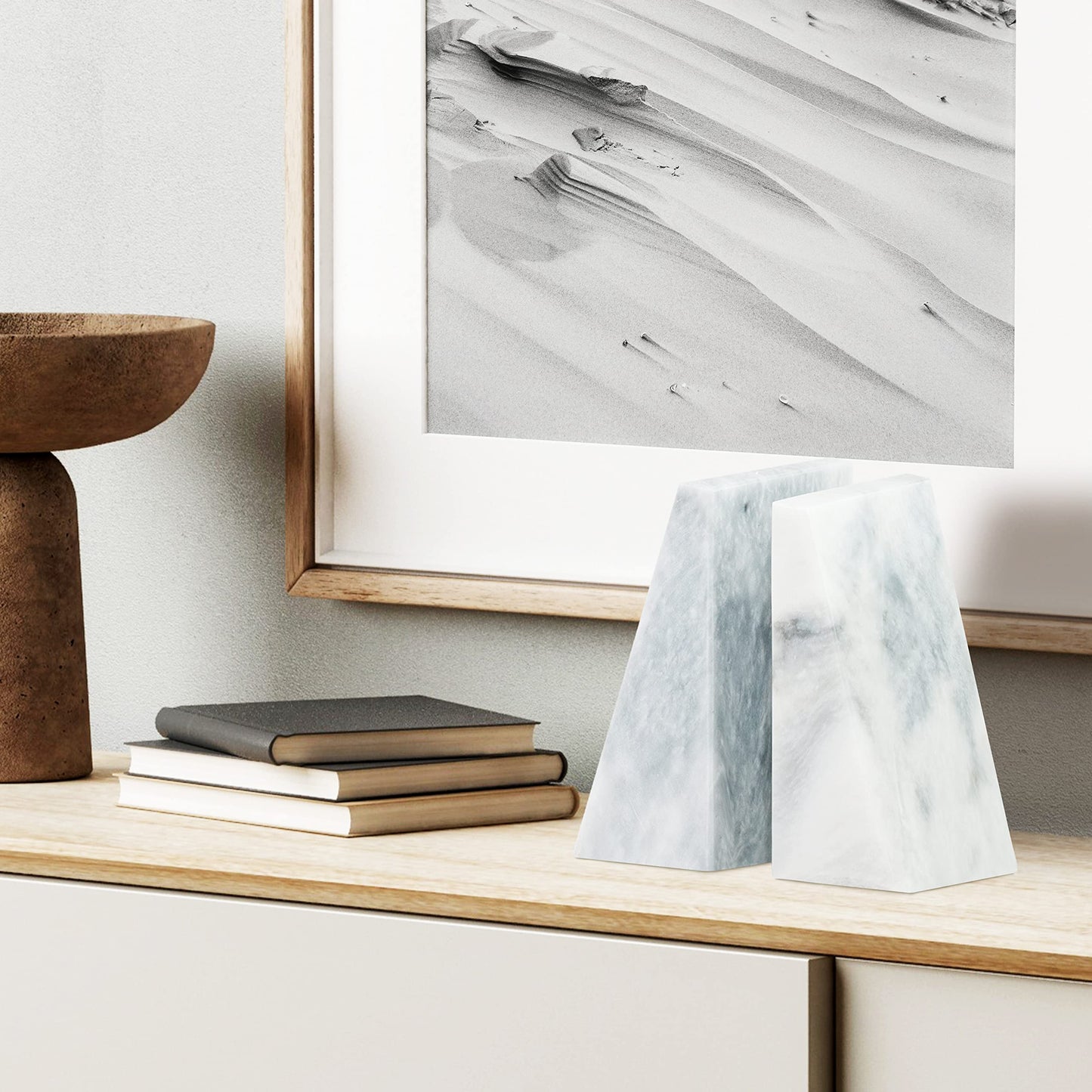 Ottimo Polished Heavy Stone Marble 6" Book Ends for Bookshelf Decor, Home, Office or Kitchen Shelves. Heavy, Triangular, and Decorative Book Stopper with Anti-Slip Pads, Great Gift Idea (White)