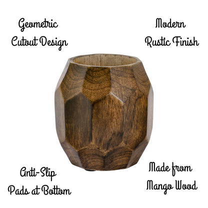 Mie Creations Geometric Wooden Pencil Holder for Desk Table | Wood Pen Cup Stand for Office, Cute Desktop Organizer for Makeup Brushes, Stationery Decor | Rustic Christmas Holiday Gifts- Brown 4''