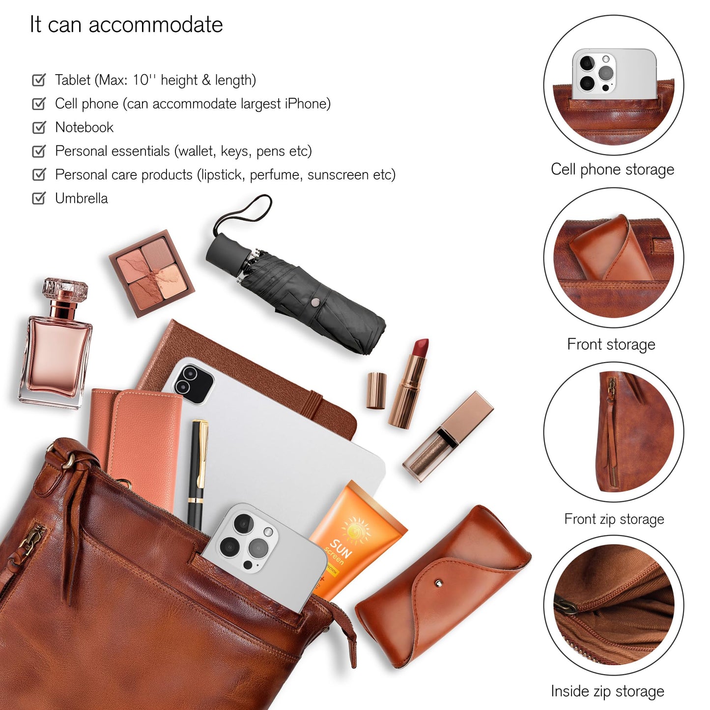 Leather Crossbody Bags for Women - Ladies Sling Handbags - Medium Cross body Purses Handbags - Purses For Women