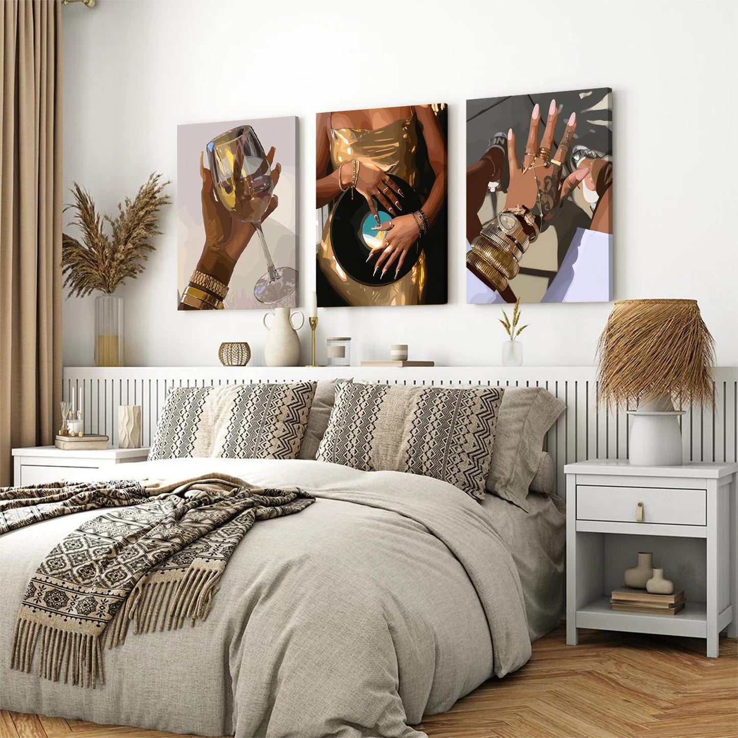 Black Girl wall Art Set of 3, African American Woman Wall Decor Fashion Gold People Music Poster Canvas Prints Paintings Pictures for Bedroom Living Room Decoration 12x16 inch Framed