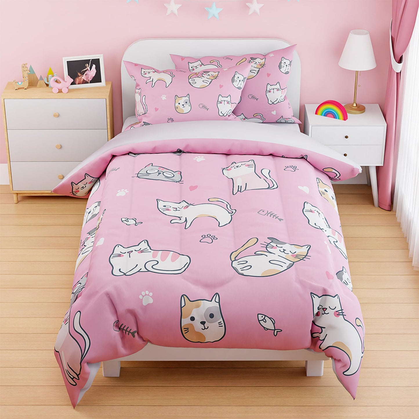 SANDJEST Cat Duvet Cover Sets Full Size for Kids Girls, Incude 1 Polyester Comforter Cover 80x90 Inches and 2 Pillowcases 20x26 Inches, Comforter Not Included, Gift for Christmas Birthday