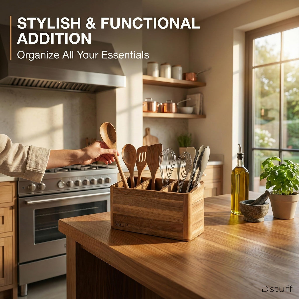 Dstuff Large Kitchen Utensil Holder Organizer for Counter or Countertop, Large Wooden Utensil Holder for Storage Cooking and Silverware with 3 Compartment, Acacia Rustic Wood Container Extra Large