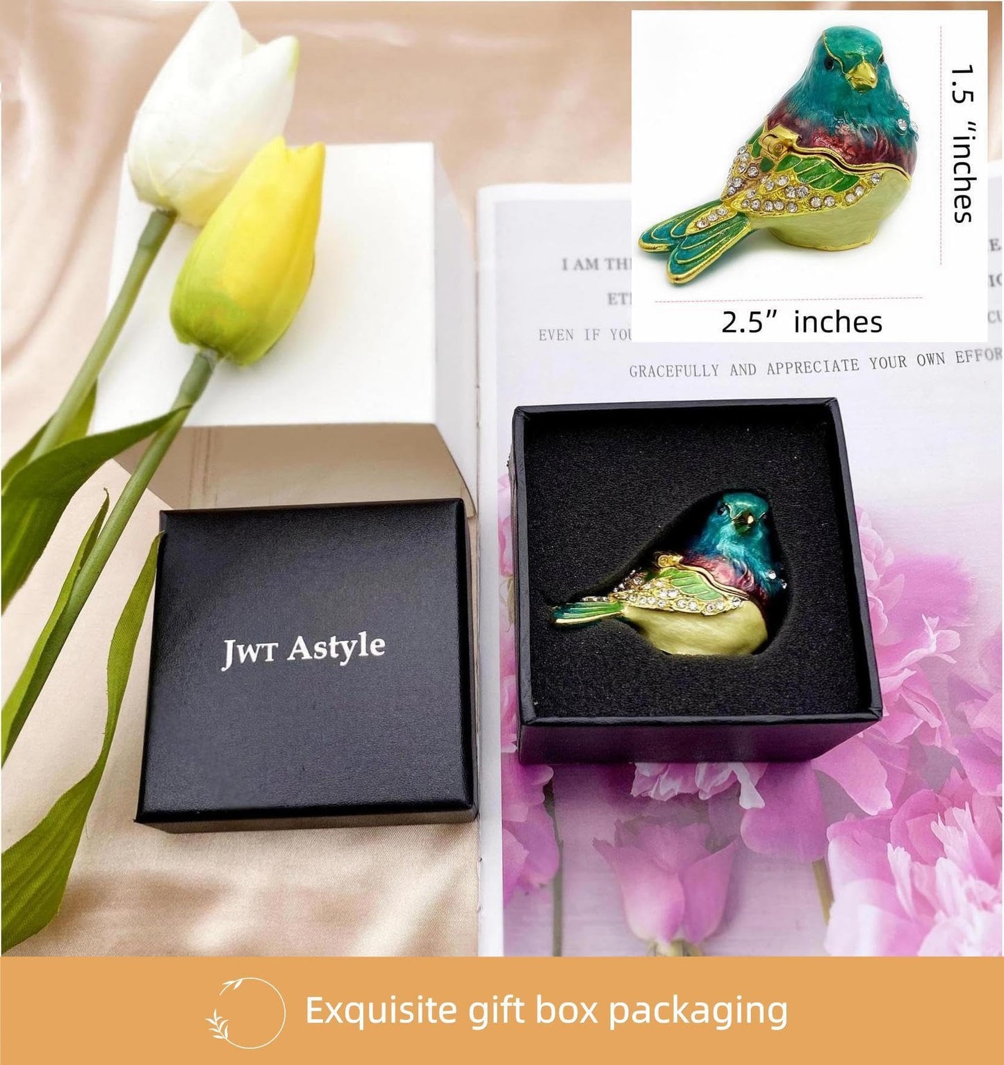 JWT Astyle Turquoise Green Bird Trinket Boxes Hinged,Bird Decor with Crystals Enamel Jewelry Box.Necklace Ring Box Earrings Storage.Collectible Birds Lover Gifts Figurines Home Decor