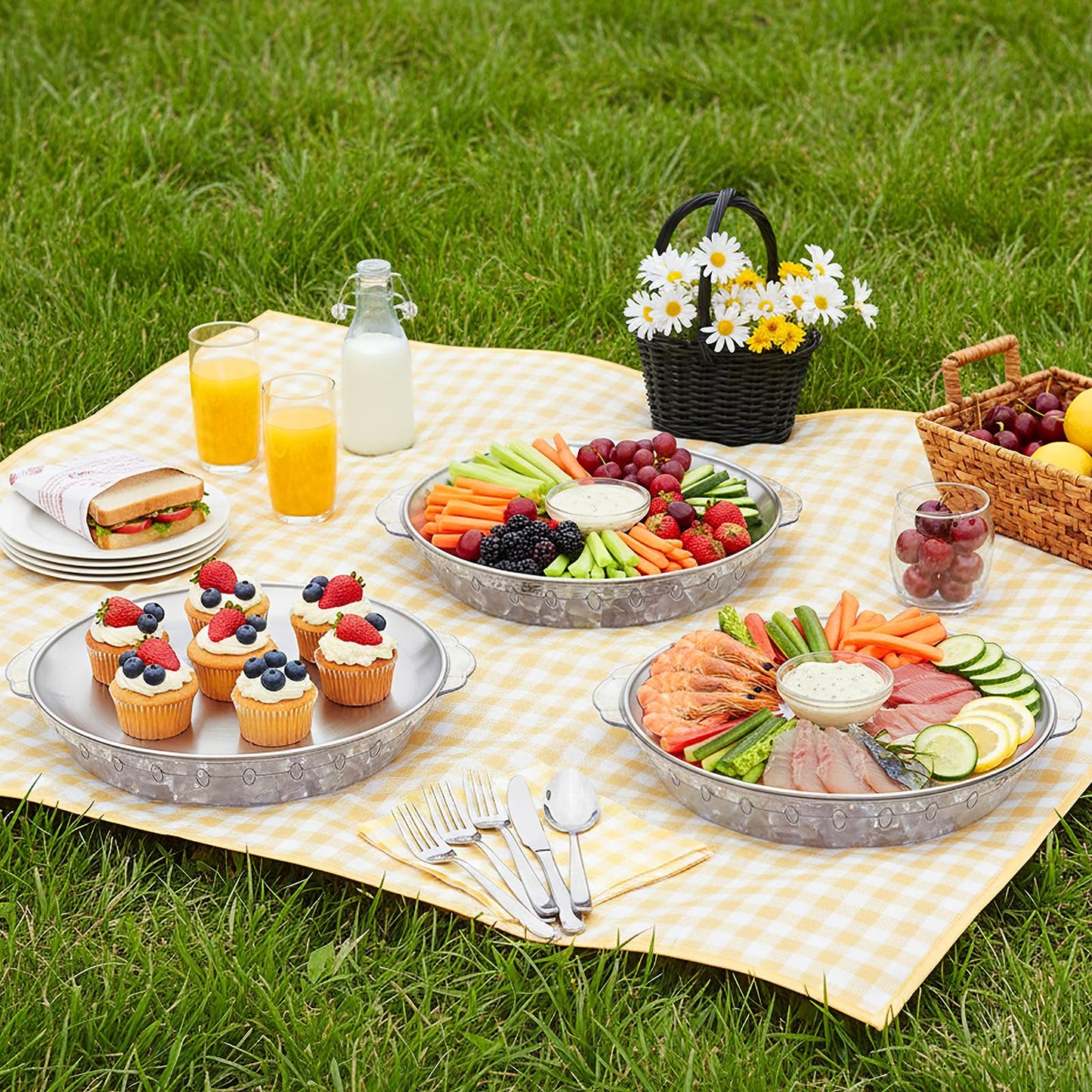 DEAYOU 3 Set 11.8" Chilled Serving Tray for Parties, Round Shrimp Cocktail Serving Dish with Ice Compartment, Ice Serving Bowl Cold Platter for Appetizer, Fruit, Veggie, Salad, Buffet, Keep Food Cold