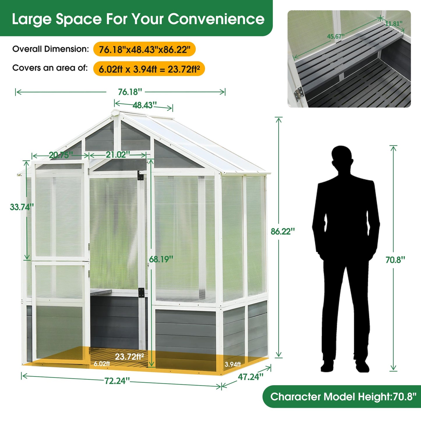 YOPTO Polycarbonate Greenhouse, Outdoor Walk-in Hobby Green House for Patio Backyard Lawn, Wooden Greenhouse Garden Shed for Plants, Grow House with Front Entry Door (76x48x86 in)