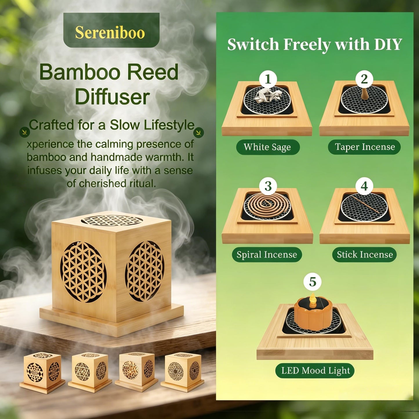 Sereniboo Bamboo Lantern Incense Holder 5-in-1 Incense Burner with Solar LED Candle Natural Bamboo Incense Box for Stick Cone Coil Sage Waterproof Outdoor Lantern for Yoga Meditation Home Decor