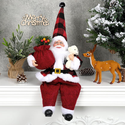 AnyDesign Christmas Sitting Santa Hand Crafted Cute Chic Santa Claus Figurines Doll with Gift Bag and Little Bear Christmas Decoration for Home Office Table Xmas Party Ornament Gift (12 Inch)
