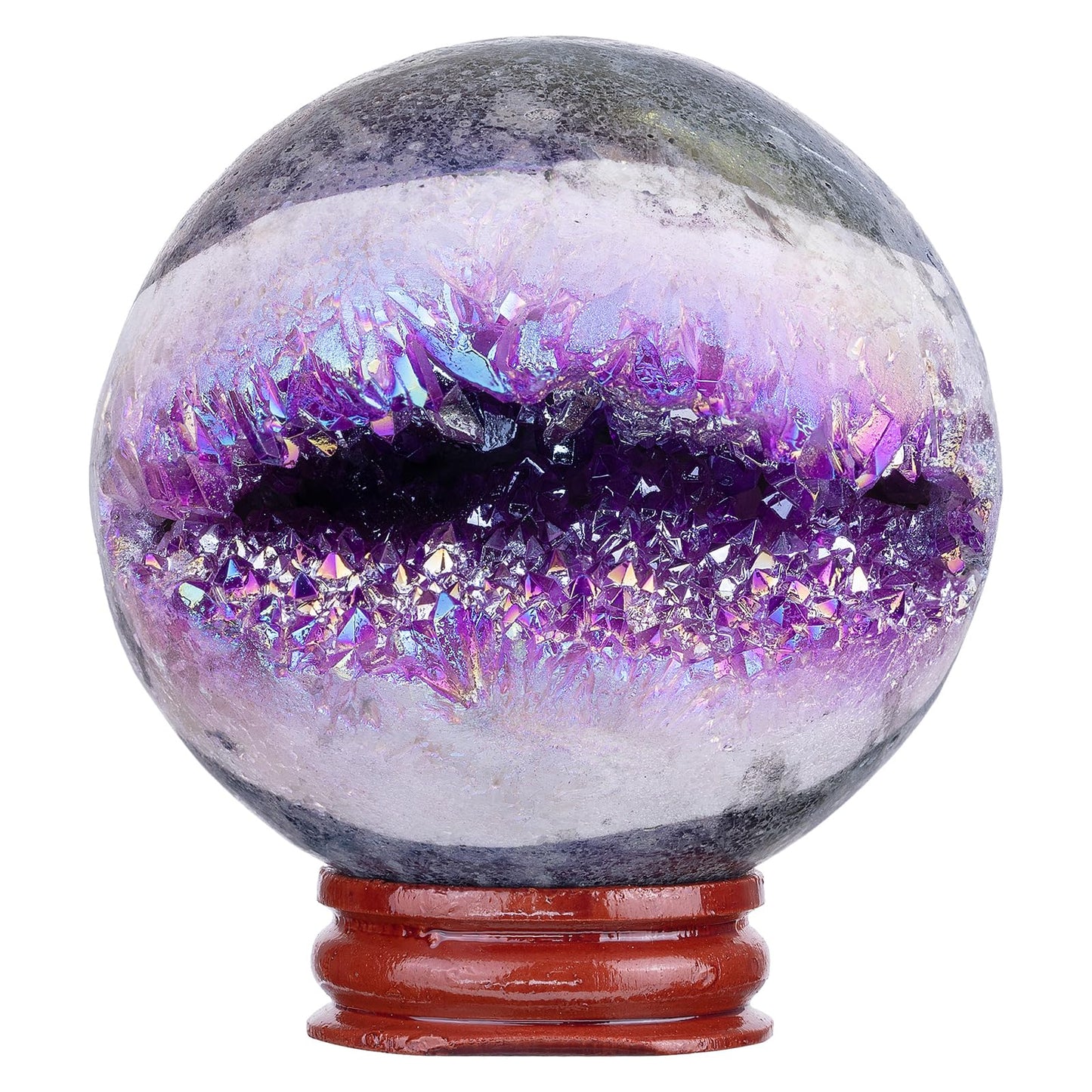 SUNYIK 61-70mm Purple Titanium Coated Quartz Geode Ball Sphere with Stand Crystal Opening Cornucopia Orb Ball Cluster Specimen Display for Decor Feng Shui Meditation
