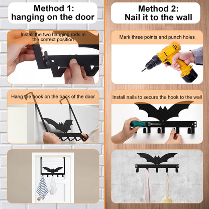 NomadSphere Bat Over The Door Hooks, Halloween Gothic Bathroom & Bedroom Decor Over Door Hanger, Wall Mount Rack for Towel, Hat, Coat, Cloth, Keychain, No Drill, 5 Hooks
